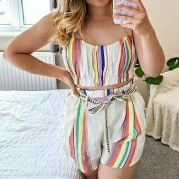 Lemlem x H&M Set Lyocell Striped Belted Shorts & Matching Cropped Top Size Small - Picture 2 of 16
